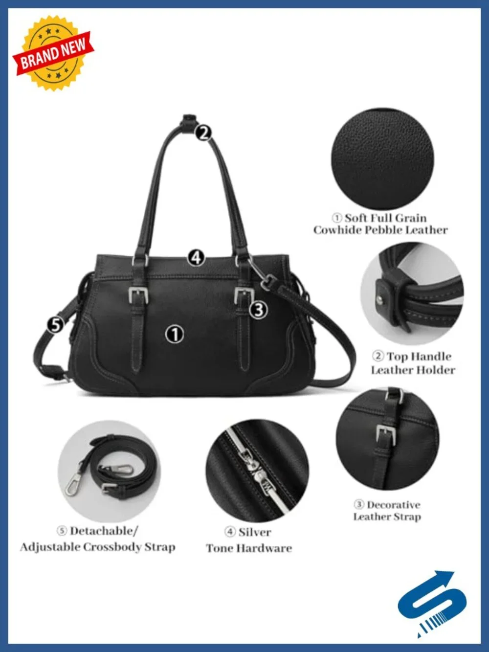Genuine Leather Satchel Purse & Tote Bag Top Handle, Crossbody Strap, Full